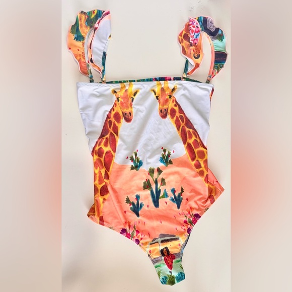 CAROLINA K. Giraffe Print Ruffle Sleeve One Piece Boho Swimsuit - Picture 3 of 16
